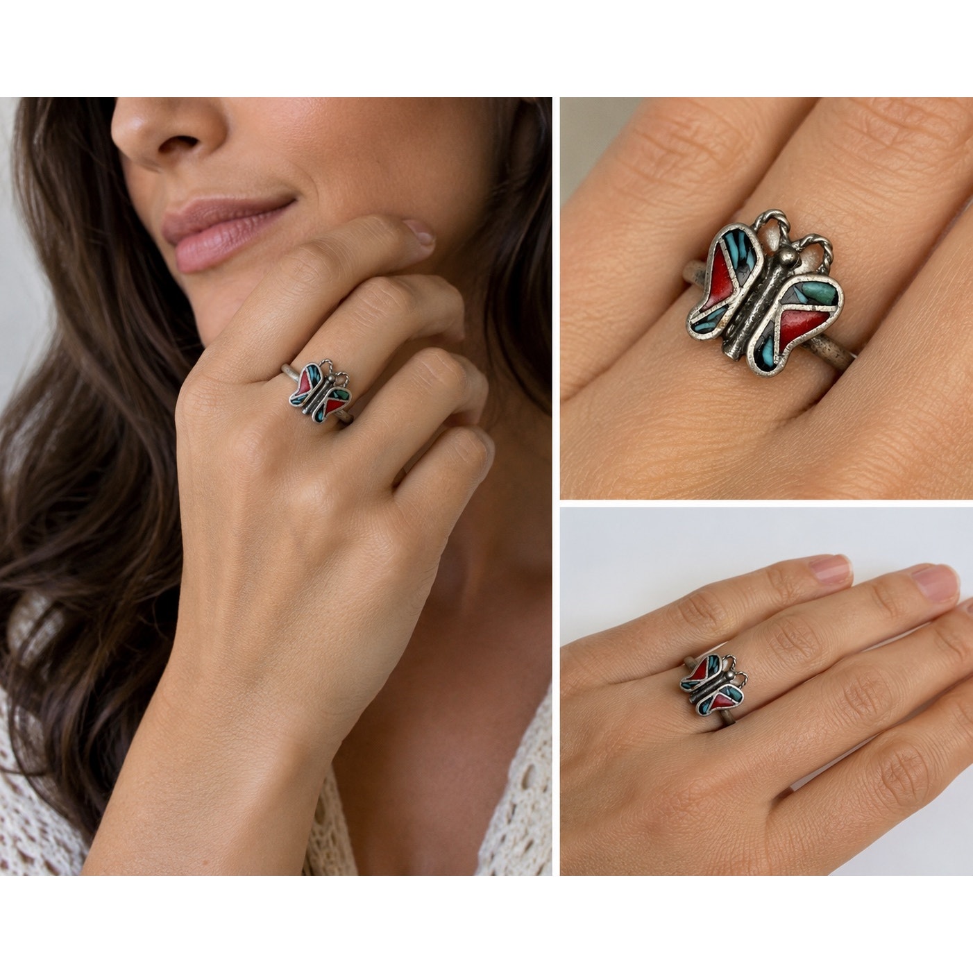 Vintage Sterling Silver Butterfly Ring Navajo Coral Turquoise Inlay
